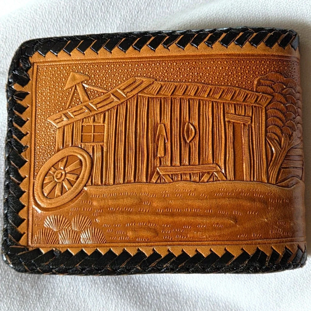 Bifold Wallet‎ Mens Brown Excellent Hand Tooled Leather Horse Barn Scene